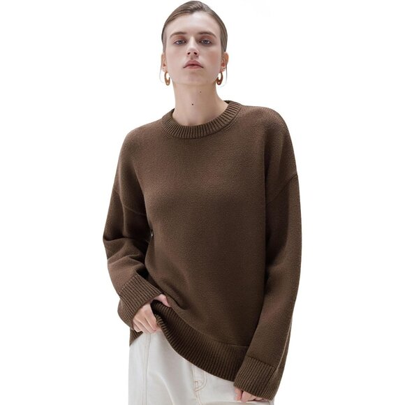 Women Cashmere Blend Oversized Crew Neck Cocoa Brown Soft Warm Pullover Sweater - Picture 1 of 5